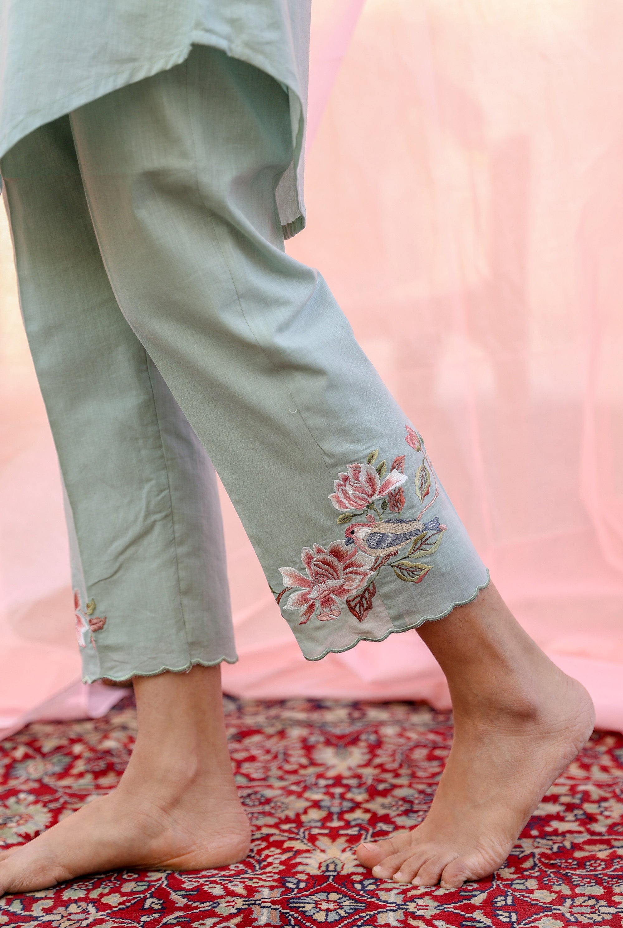 Embroidered Pants in Sea Green Ninh Embroidered Pants in Sea Green Ninh