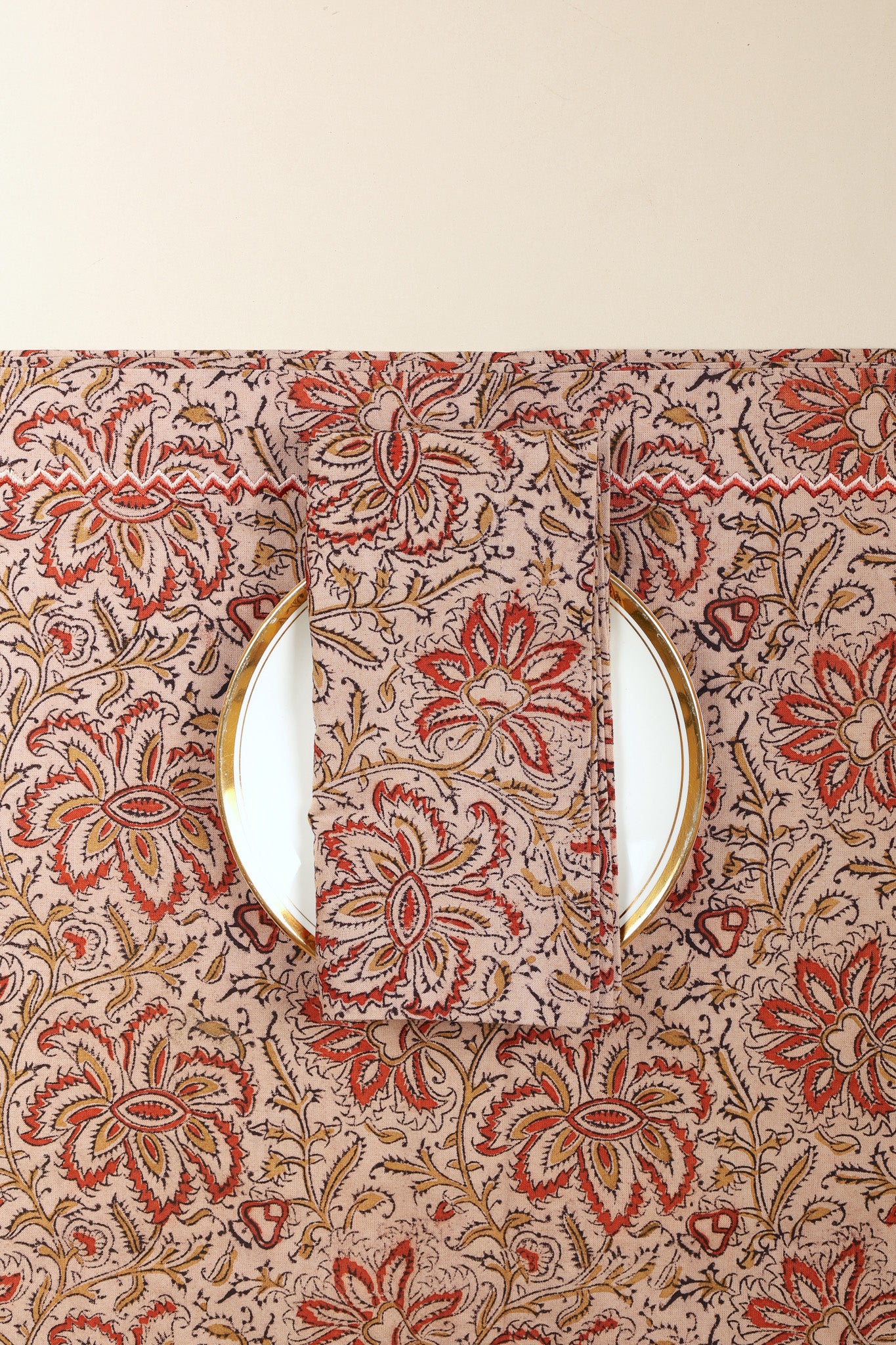 Amber Bloom Kalamkari Napkins, Set of 4