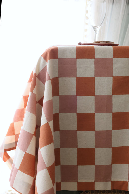 Blush Grid Block Print Tablecloth