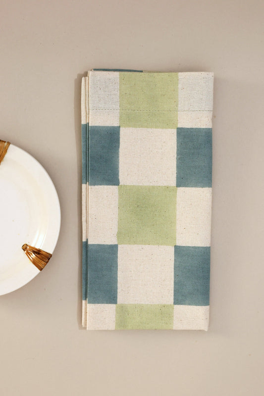 Sage Grid Block Print Napkins, Set of 4