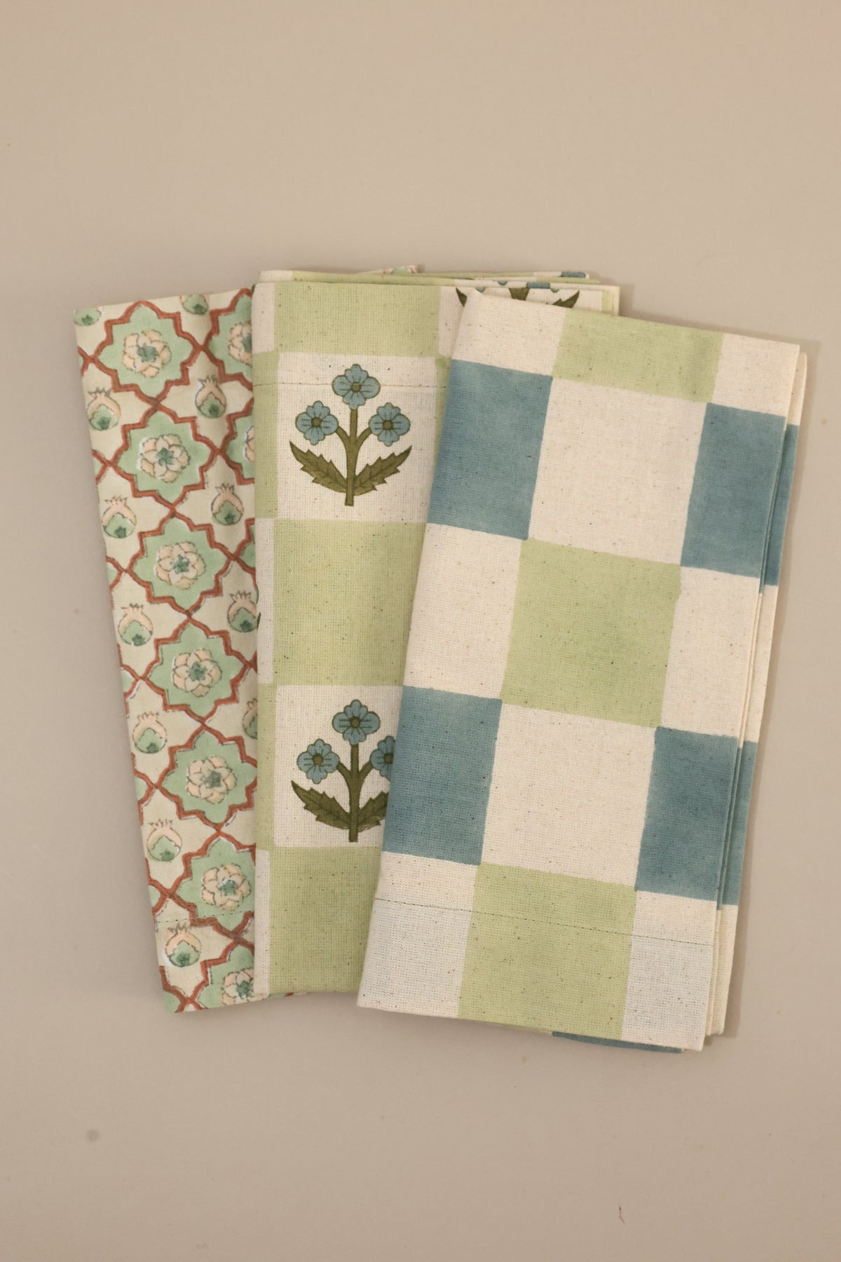 Sage Grid Block Print Napkins, Set of 4
