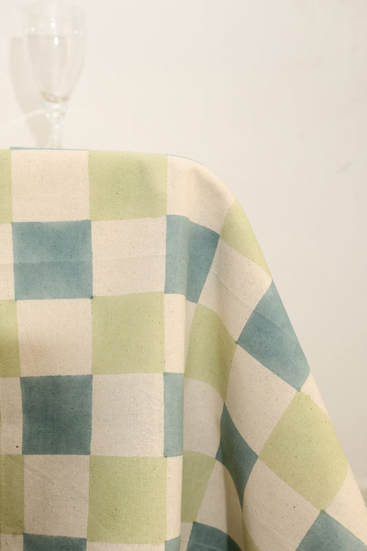 Sage Grid Block Print Tablecloth
