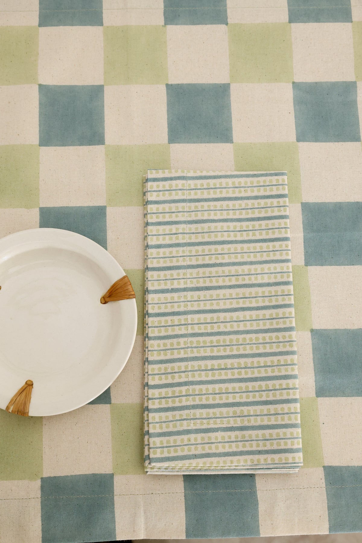 Sage Grid Block Print Tablecloth